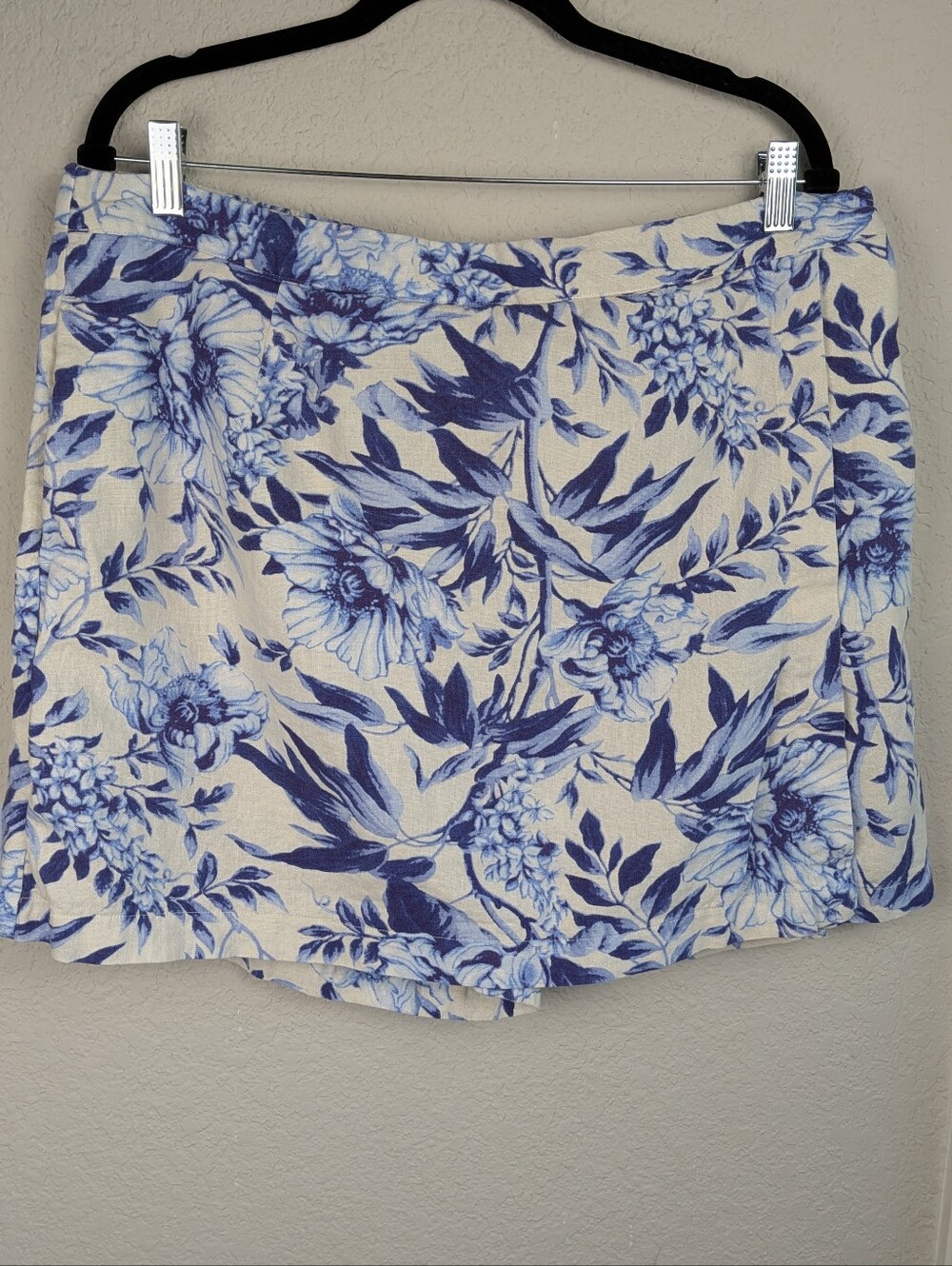 Ellen Tracy Linen Blend Skort XXL Blue White Floral Print Elastic At Back Waist